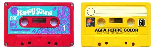 Image of psychedelic Happy Sound and yellow AGFA Ferro Color audio tapes