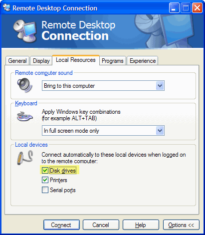Click Options, then Local Resources, then select the 'Disk drives' checkbox to enable copying files through Remote Desktop Connection